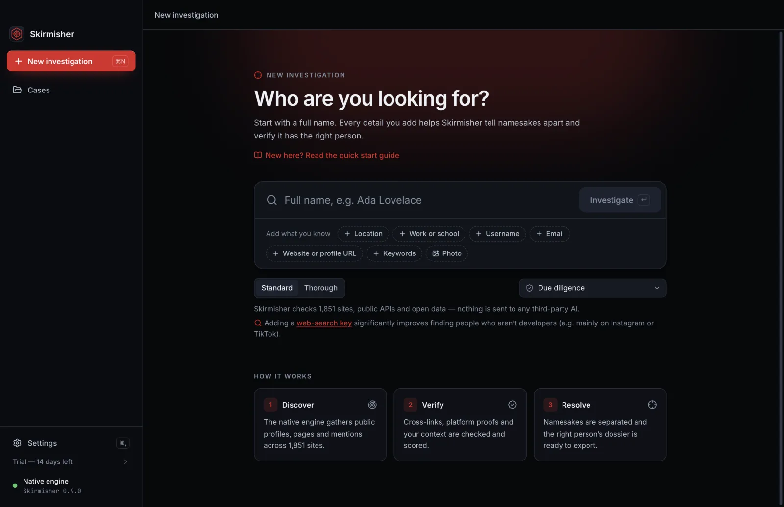 Skirmisher OSINT tool — Start with a name and any context you have