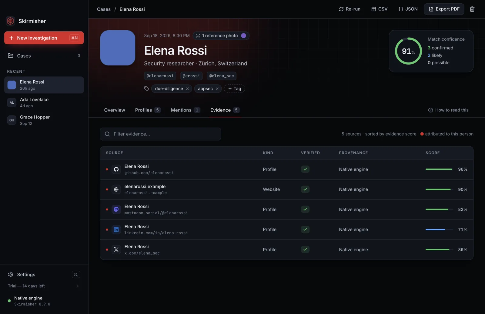 Skirmisher OSINT tool — The evidence behind each match